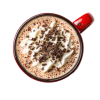 Hot chocolate in red christmas theme mug top view isolate on transparent background png