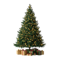 Christmas tree with lights and gifts front view isolate on transparent background png