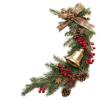 Christmas corner with gold bell and green spruce twigs, red berries, cones and ribbon bow isolate on transparent background png