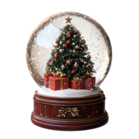 A snow globe with a beautifully decorated Christmas tree inside with present front view isolate on transparent background png