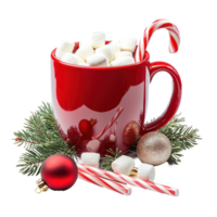 Red Hot chocolate mug with candy cane and marshmallows and christmas decoration front view isolate on transparent background png