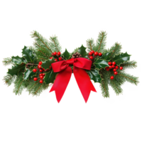 Christmas pine and holly swag with red ribbon isolate on transparent background png
