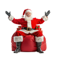 smiling Santa Claus sitting on a red flipped sack with presents and open arms front view isolate on transparent background png