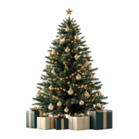 Green Christmas tree with gold decoration and presents shining light front view isolate on transparent background png