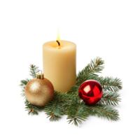 Gold christmas candle with green fir branch and red shiny bauble front view isolate on transparent background png