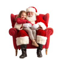 Smiling Santa Claus sitting on red sofa hugging a child front view isolate on transparent background png