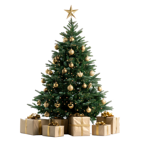 Kerstmis boom met goud ornament en kunstmatig ster harten presenteert voorkant visie isoleren Aan transparant achtergrond png