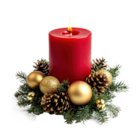 Christmas red candle with green fir branches and gold pinecones and baubles front view isolate on transparent background png