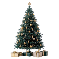 groen Kerstmis boom met goud decoratie en presenteert schijnend licht voorkant visie isoleren Aan transparant achtergrond png