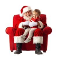 Smiling Santa Claus sitting on red sofa hugging a child front view isolate on transparent background png