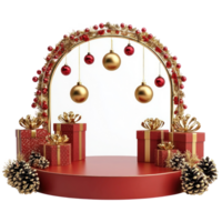 Christmas podium with gold and red decorations and presents isolate on transparent background png