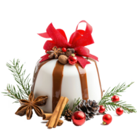 Christmas pudding with decorations items front view isolate on transparent background png