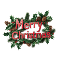 Merry Christmas Greeting 3D text decorate with mistletoe branches, pinecones, holly leaves, berries isolate on transparent background png