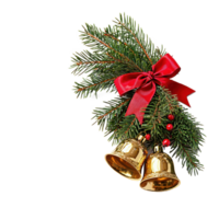 Gold Christmas Bells with red ribbon and bow and green tree branches isolate on transparent background png