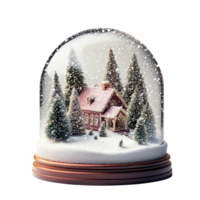 a miniature Santa claus tiny trees and a small house winter scene inside snow globe, glitter snow swirling around inside the glass dome, front view isolate on transparent background png
