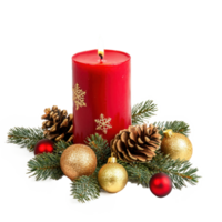 Christmas red candle with green fir branches and gold pinecones and baubles isolate on transparent background png