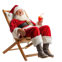 Santa Claus relaxing on deckchair holding cocktail side view isolate on transparent background png