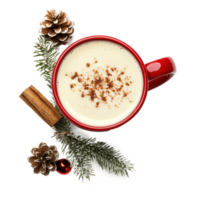 Red mug of eggnog cocktail with christmas decoration top view isolate on transparent background png