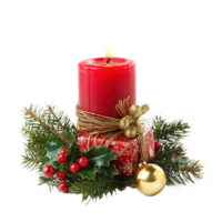 Christmas red candle with green fir branches and holly with gold gifts and jingle bell front view isolate on transparent background png