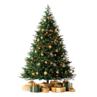 Green Christmas tree with gold decoration and presents shining light front view isolate on transparent background png
