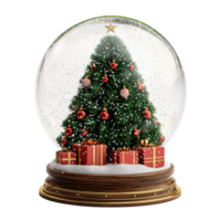 Christmas Tree with presents with falling snow inside snow globe front view isolate on transparent background png