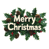 alegre Navidad saludo 3d texto Decorar con muérdago sucursales, piñas, acebo hojas, bayas aislar en transparente antecedentes png