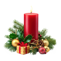 Christmas red candle with green fir branches and holly with gold gifts and jingle bell front view isolate on transparent background png