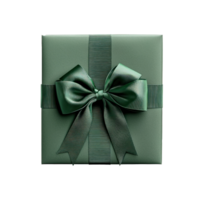Green Christmas gift box with ribbon bow top view isolate on transparent background png