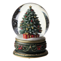 A snow globe with a beautifully decorated Christmas tree inside with present front view isolate on transparent background png