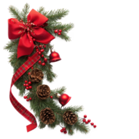 Christmas corner red bow, bell and pine cones with swirled ribbon and pine branches isolate on transparent background png