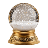 Empty snowglobe with gold base and inside with snow falling front view isolate on transparent background png