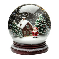 a miniature Santa claus tiny trees and a small house winter scene inside snow globe, glitter snow swirling around inside the glass dome, front view isolate on transparent background png