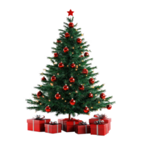Green Christmas tree with red decoration and presents isolate on transparent background png