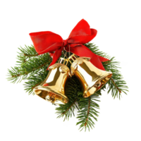 Gold Christmas bells with red ribbon and green fir isolate on transparent background png