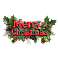 Merry Christmas Greeting 3D text decorate with mistletoe branches, pinecones, holly leaves, berries isolate on transparent background png