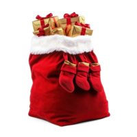 Santa Claus's red sack with gold gift boxes and toy isolate on transparent background png