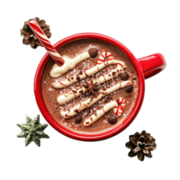 Hot chocolate in red christmas theme mug top view isolate on transparent background png