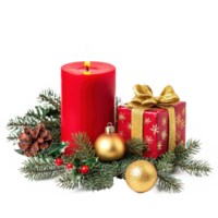 Christmas red candle with green fir branches and holly with gold gifts and jingle bell front view isolate on transparent background png