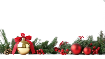 Christmas border with big gold bell and red ribbon bow with Holly Berry Mistletoe Ivy Fir and red Bauble isolate on transparent background png