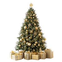 Green Christmas tree with gold decoration and presents shining light front view isolate on transparent background png
