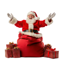 smiling Santa Claus sitting on a red flipped sack with presents and open arms front view isolate on transparent background png