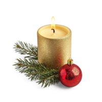 Gold christmas candle with green fir branch and red shiny bauble isolate on transparent background png