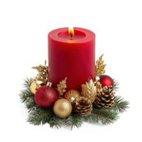 Christmas red candle with green fir branches and gold pinecones and baubles isolate on transparent background png
