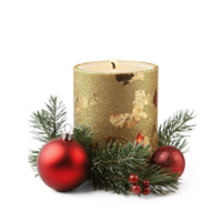 Gold christmas candle with green fir branch and red shiny bauble front view isolate on transparent background png
