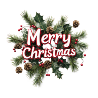 alegre Navidad saludo 3d texto Decorar con muérdago sucursales, piñas, acebo hojas, bayas aislar en transparente antecedentes png