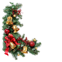 verde Navidad guirnalda esquina con oro campanas en el medio con rojo cinta y arco y otro decoración aislar en transparente antecedentes png