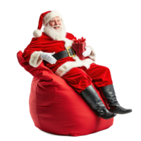 smiling Santa Claus sitting on a red flipped sack with presents and open arms side view isolate on transparent background png