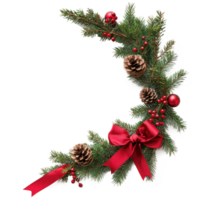 Christmas corner with pine twigs, cones, ball and red silk ribbon bow isolate on transparent background png