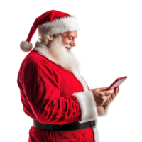 Smiling Santa Claus using digital tablet, standing side view isolate on transparent background png