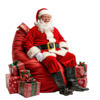 smiling Santa Claus sitting on a red flipped sack with presents and open arms side view isolate on transparent background png